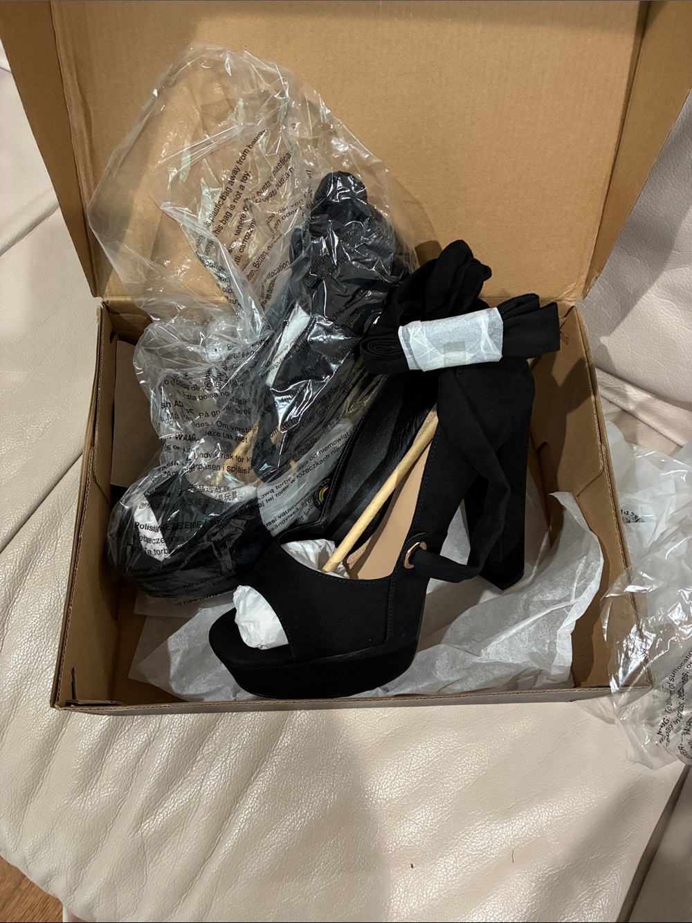 Shoe Dazzle Black Suede Platform Peep-Toe Heels with Wrap Ankle Tie